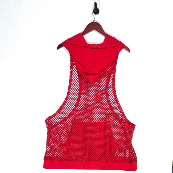Open Mesh Hooded Mens Gym Tank Top with Pocked Pouch in Bright Red Size XL - Picture 3 of 5